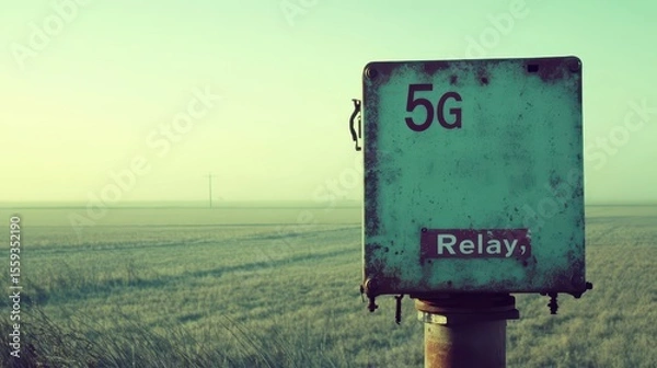 Obraz Vintage 5G Relay Box in Open Field Under Clear Sky at Dusk