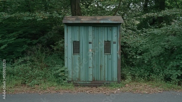 Obraz Vintage Green Utility Shed Surrounded by Lush Greenery in Nature