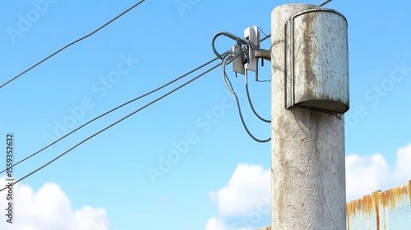Obraz Weathered Utility Pole with Cables and Box Under Clear Blue Sky