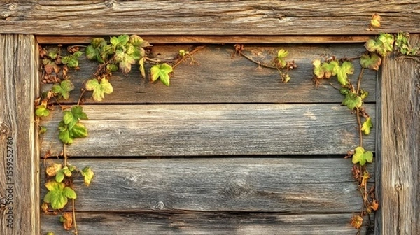 Fototapeta Rustic Wooden Background with Green Ivy Climbing Vines and Leaves
