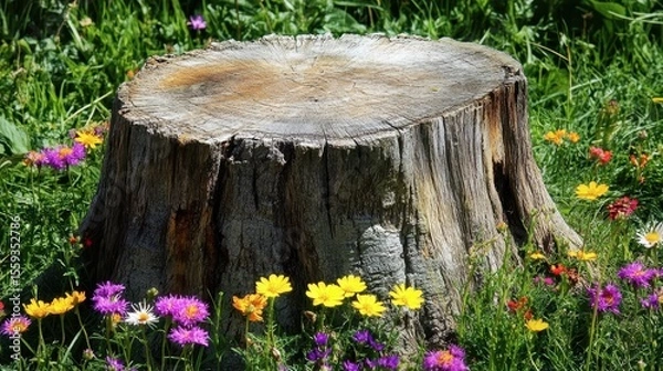 Fototapeta Rustic Tree Stump Surrounded by Colorful Wildflowers in Nature Scene