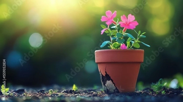 Fototapeta Potted Pink Flowers with Soft Sunlight in Beautiful Garden Setting