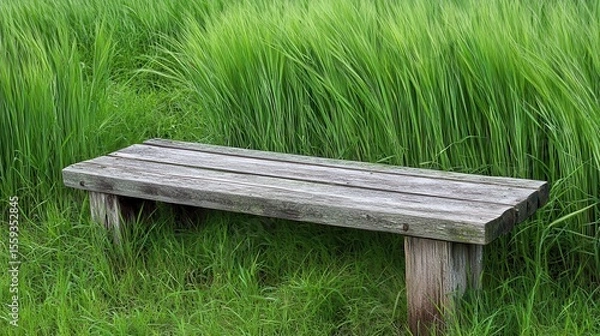 Fototapeta Rustic Wooden Bench in Lush Green Grass Field under Bright Sky