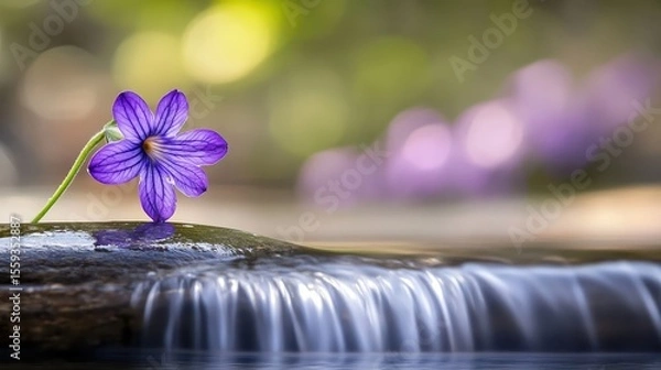 Fototapeta Purple Flower by Waterfall in Nature Setting with Blurred Background