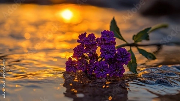 Fototapeta Purple Flowers on a Water Surface at Sunset with Golden Reflections