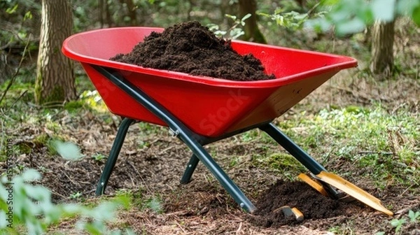 Fototapeta Red Wheelbarrow Filled With Soil in Lush Forest Environment