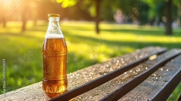 Fototapeta Refreshing Beverage in Clear Bottle on Wooden Bench in Park