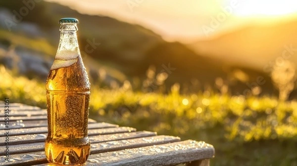 Fototapeta Refreshing Beverage on a Table with Sunset Background in Nature