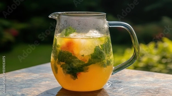 Fototapeta Refreshing Citrus Herbal Drink in Clear Jug on Summer Table