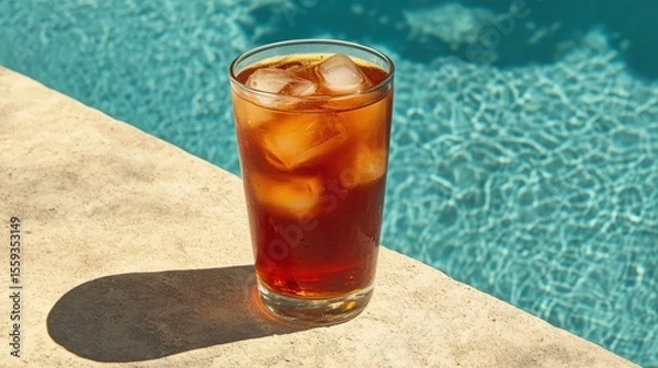Fototapeta Refreshing Glass of Iced Tea by Clear Swimming Pool in Summer Sun