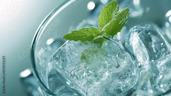 Fototapeta Refreshing Ice Cubes with Mint Leaf in Clear Glass Close Up