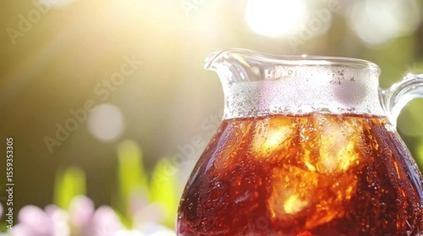 Fototapeta Refreshing Ice Tea in a Jug with Sunlight and Green Background