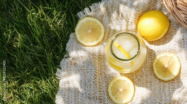 Fototapeta Refreshing Lemonade in a Jar on a Picnic Blanket in Sunlight