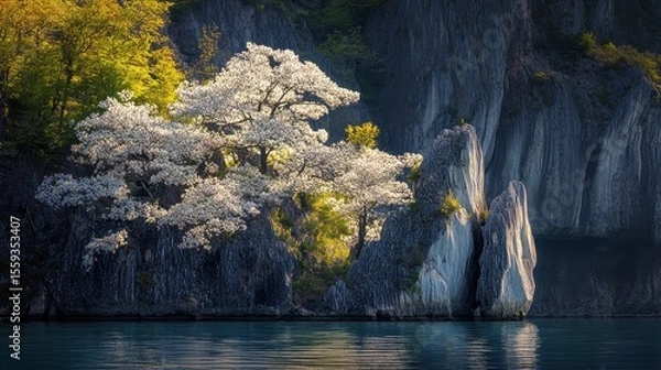 Fototapeta Serene Blossoming Tree Surrounded by Rocky Cliffs and Calm Water