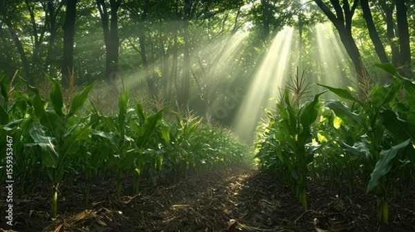 Fototapeta Serene Cornfield with Sunlight Streaming Through Forest Trees