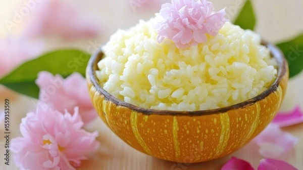 Fototapeta Soft and Fluffy Rice Served in a Decorative Bowl with Floral Accent