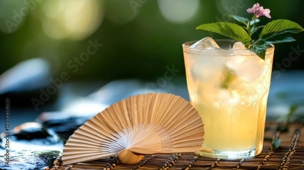 Fototapeta Refreshing Summer Cocktail with Fan and Ice on Natural Background
