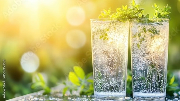Fototapeta Refreshing Sparkling Water with Fresh Herbs in Bright Sunlight