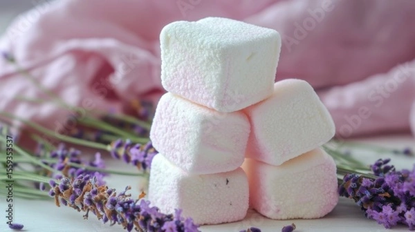 Fototapeta Soft Pink Marshmallows On Background With Lavender Flowers