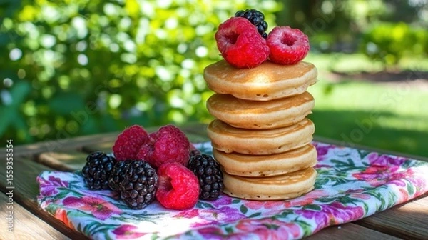 Fototapeta Stack of Fluffy Pancakes Topped with Fresh Berries in Sunlit Garden