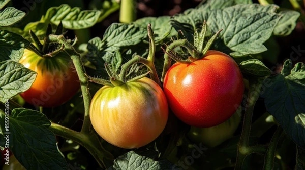Fototapeta Ripe and Unripe Tomatoes on Lush Green Leaves in Garden Setting