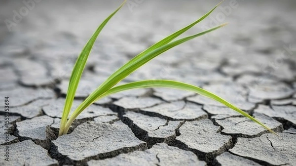 Fototapeta Resilient Grass Growing Through Dry Cracked Earth Surface