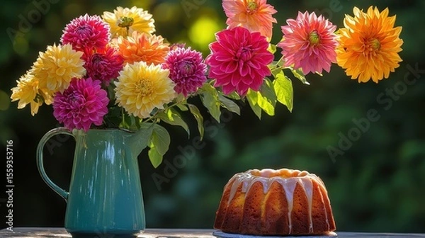 Fototapeta Vibrant Flowers and Delicious Bundt Cake on a Sunny Table Setting