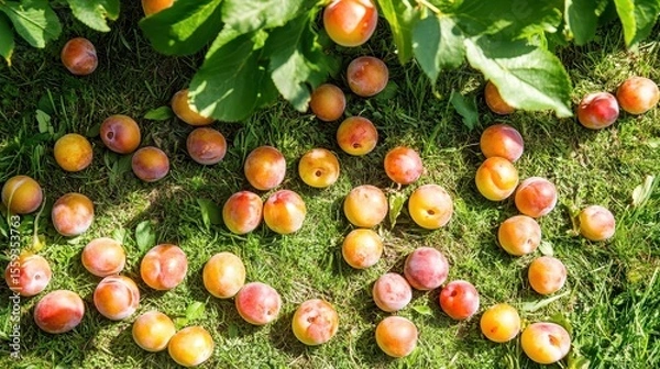Fototapeta Ripe Plums on Grass with Leaves in Natural Orchard Setting