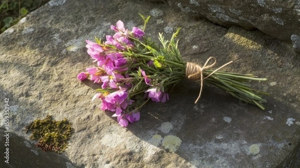 Fototapeta Rustic Bouquet of Pink Wildflowers on Stone Surface in Natural Light