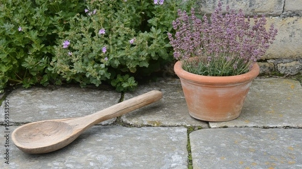 Fototapeta Rustic Garden Scene with Clay Pot and Wooden Spoon on Stone Surface