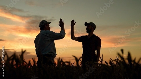 Obraz Businessmen teamwork in field in agriculture. Farmers raise their hands, clap their hands, making deal, agricultural field. Teamwork of business people. Businessmen partners shaking hands in field