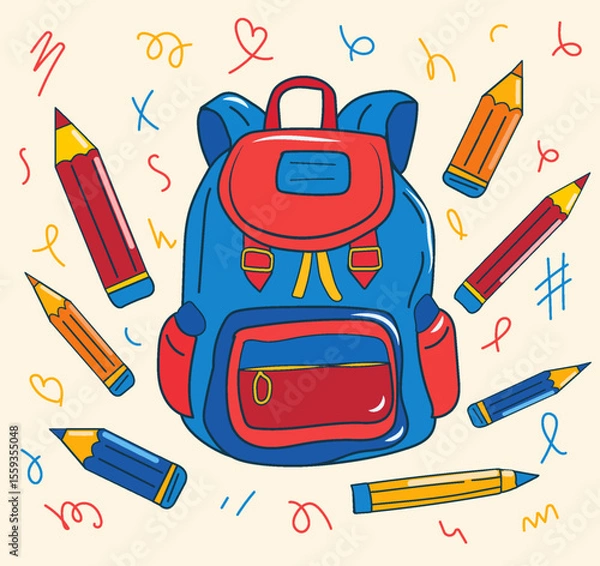 Fototapeta A blue and red school backpack is featured at the center, surrounded by colorful pencils. Playful doodles enhance the lively mood, emphasizing a creative educational atmosphere