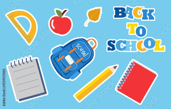 Fototapeta A vibrant illustration features various back to school items. Stickers include a backpack, notebooks, pencil, apple, and ruler. Perfect for educational themes