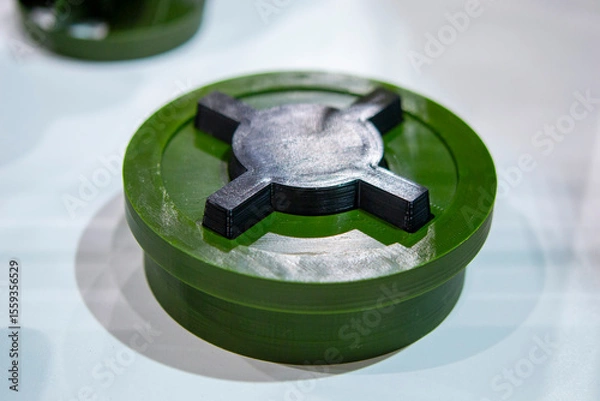 Fototapeta Anti-personnel high explosive mine printed on 3D printer. Mine created on 3D printer from molten plastic. Prototype of ammunition printed on 3D printer. Innovation modern new 3d printing technology