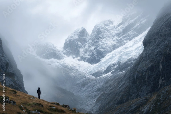 Fototapeta minimalist studio photograph of person on edge of glacial valley in peru soft gray background with light mist
