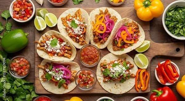 Fototapeta Delicious tacos with various fillings, salsa, and fresh toppings, ready to be enjoyed.