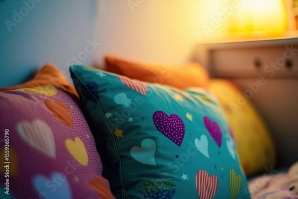 Fototapeta Colorful heart-patterned pillows arranged on a cozy bed with soft lighting creating a warm atmosphere