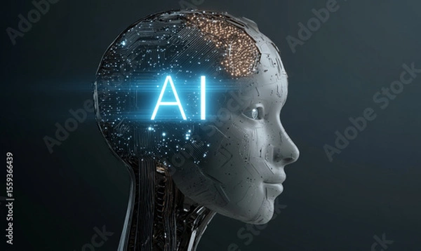 Obraz A glowing blue light shines on the side of an illustration of a human head with circuit board patterns inside, symbolizing artificial intelligence. The "AI" logo is visible in brain