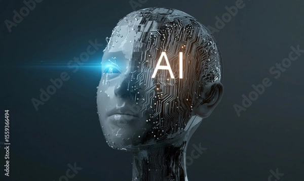 Obraz A glowing blue light shines on the side of an illustration of a human head with circuit board patterns inside, symbolizing artificial intelligence. The "AI" logo is visible in brain