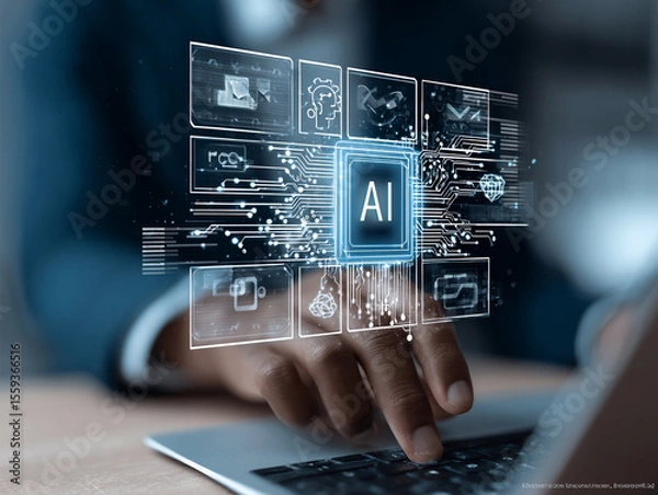 Obraz Businessman use artificial intelligence AI technology for enhanced work efficiency data analysis and efficient tools, Unlocking work potential with AI solutions chatbot help solve work problems.