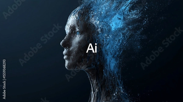 Obraz A glowing blue light shines on the side of an illustration of a human head with circuit board patterns inside, symbolizing artificial intelligence. The "AI" logo is visible in brain