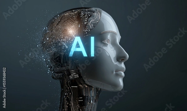 Obraz A glowing blue light shines on the side of an illustration of a human head with circuit board patterns inside, symbolizing artificial intelligence. The "AI" logo is visible in brain