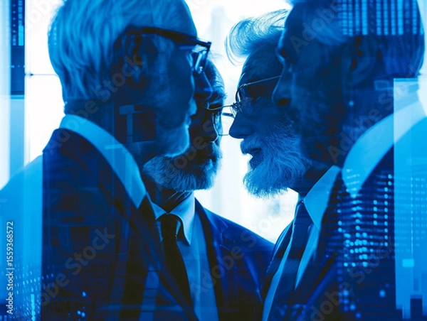 Obraz Three people talking in a business conference with a blue Matrix filter 