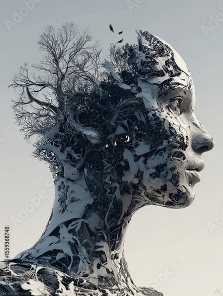 Obraz Human face made of electric wires and circuits, depicting Artificially intelligent robots, Augmented reality 