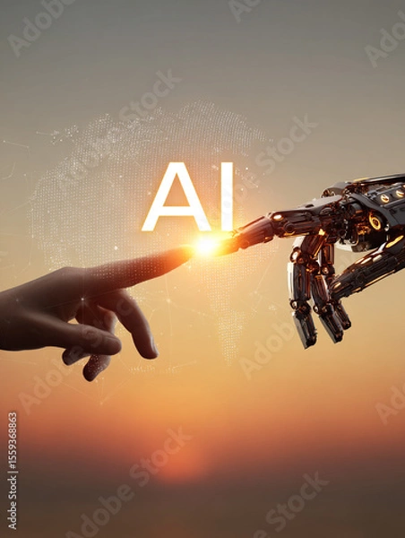 Obraz A human finger and robot finger reaching and pointing towards each other, an "AI" icon in glowing text in between them, interacting with world map background, symbolizing global connectivity