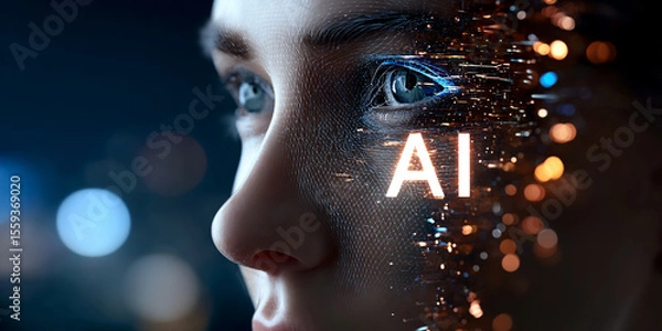 Obraz 3D rendering of an AI head with the letters "AI" glowing inside, filled with circuitry and data streams. The background is blue with bokeh lights. A holographic person's face. High resolution