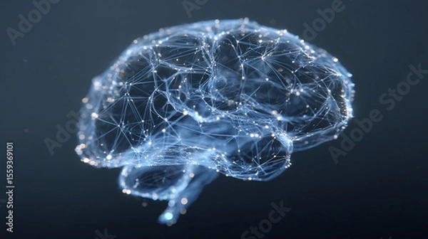 Obraz A wireframe brain model in light blue, constructed from thin glowing lines with a glass-like transparency. stock image