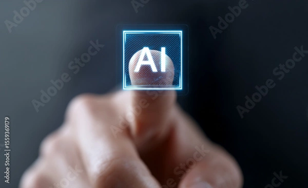 Obraz Close-up of a hand touching a virtual button with "AI" text on a hologram digital screen and a documents icon background. This concept represents artificial intelligence technology