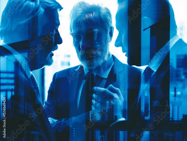 Obraz Three people talking in a business conference with a blue Matrix filter 