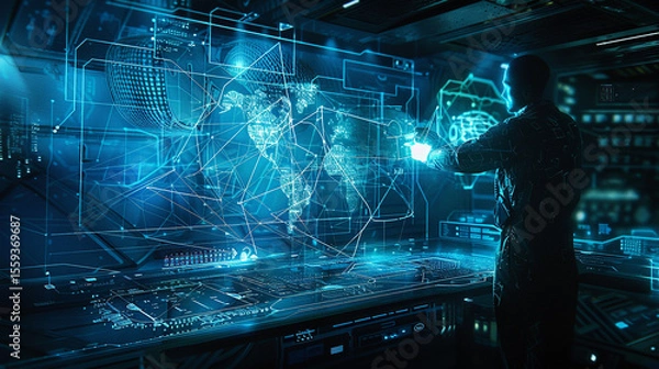 Obraz A human interacting with Artificially intelligent holographic screen futuristic technology background